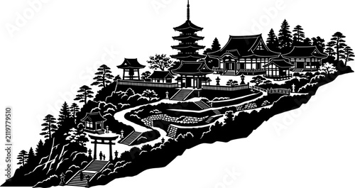 Silhouette of traditional japanese temple complex on a hillside with pagoda towers