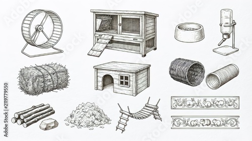 Hand draw small pet and rodent care elements set, hutch, wheel, tunnels, and vector illustration