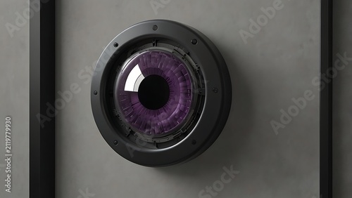 Industrial cybernetic mechanical eye camera lens with glowing purple iris mounted on a concrete wall