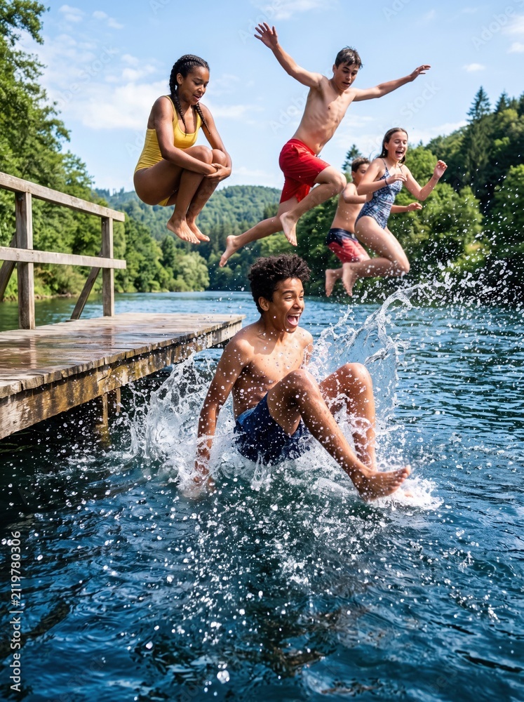Fototapeta premium Joyful group of teenagers leap off a wooden dock into a lake, splashing water while friends cheer from the shore during a fun summer day.