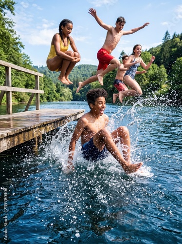 Joyful group of teenagers leap off a wooden dock into a lake, splashing water while friends cheer from the shore during a fun summer day.