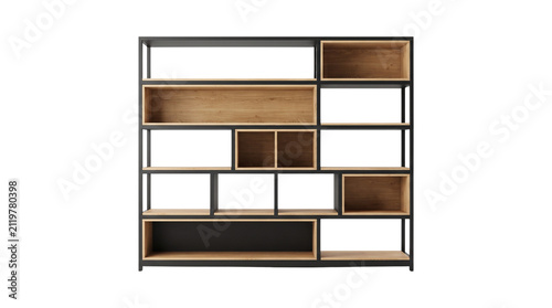 Bild auf Leinwand Industrial modern bookshelf with black metal frame and oak wood inserts, minimal