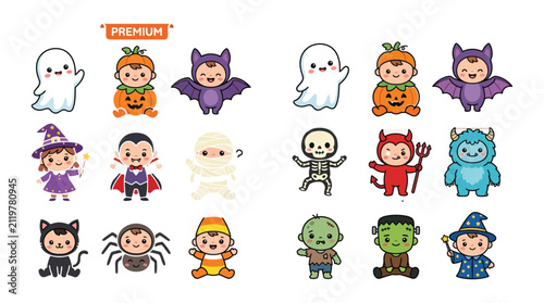 Cute kawaii halloween character icons set featuring ghosts and monsters