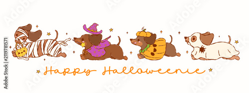 Dachshund Halloween Happy Halloweenie Dog Cartoon Set with Mummy Wiener Dog, Pumpkin Sausage Dog, Doxie Witch and Ghost Hand Drawn Illustration