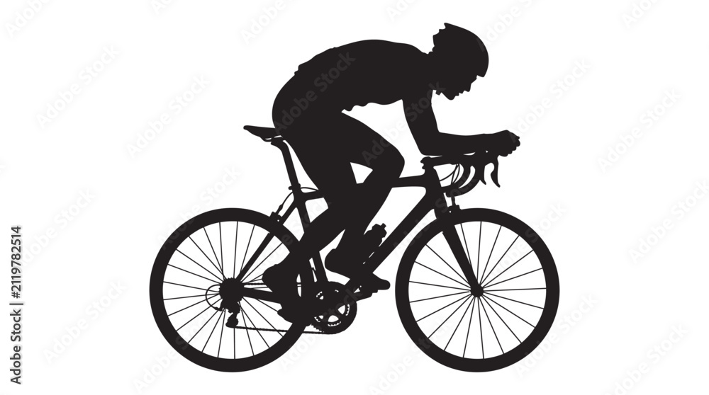 Naklejka premium Cyclist On Road Bike Black Silhouette Against White Background