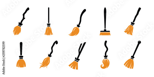 Quadro su tela Graphic set of stylized witch broomsticks with orange bristles and black handles