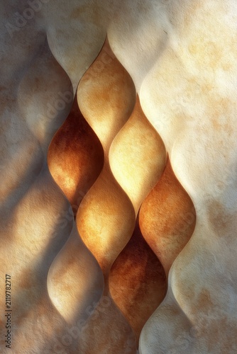 Repeating field of rounded diamond shapes with textures in warm sand and clay tones, soft shadows formed by low-angle light during midday