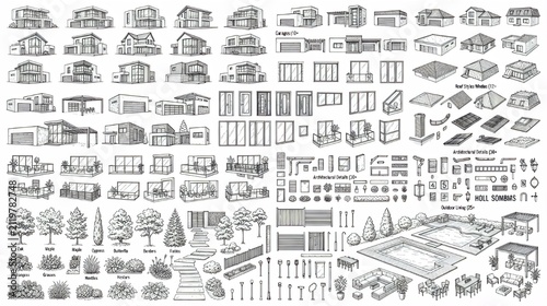 Hand draw architectural residential houses and site elements set, floor plans, landscaping, and vector illustration