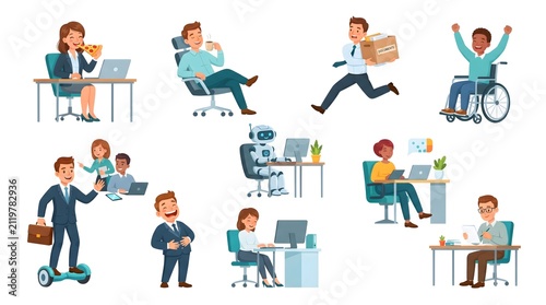 Office workers and AI robot assistant cartoon character set