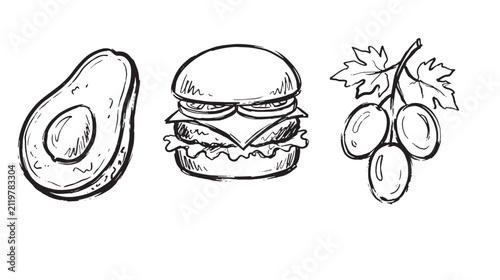 Brush stroke doodle style hand drawn of a halved avocado, a cheeseburger, and a small bunch of grapes on a white background, food set, monochrome line