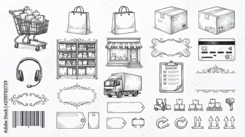 Hand draw e-commerce and retail shopping elements set, shopping cart, delivery truck, store, and packages vector illustration