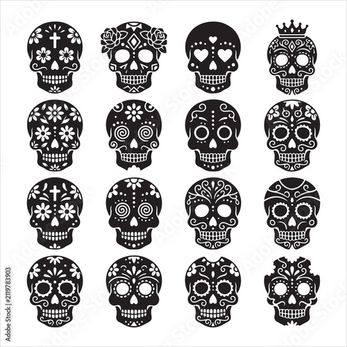 Set of decorative sugar skull icons for day of the dead with calavera ornament decorative collection silhouette tradition celebration festival skeleton mystical spiritual illustration