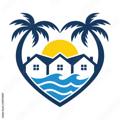 heart shaped palm trees and houses by ocean at sunset