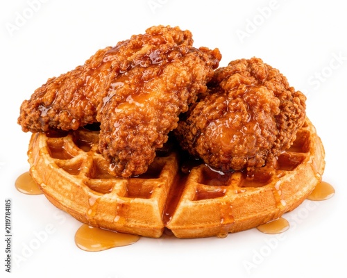 Stack of golden brown crispy fried chicken waffles on plate. Breakfast comfort food with maple syrup drizzle and savory toppings.