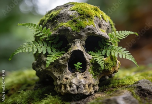 Ancient human skull covered in green moss and ferns in a dense forest setting