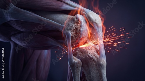 Dramatic 3D Medical Render of Knee Joint Friction with Muscle Tissue Context