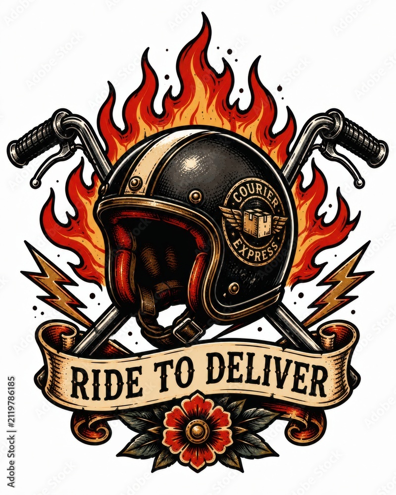 Fototapeta premium Vintage motorcycle helmet emblem with crossed handlebars, flaming orange red backdrop, lightning accents, floral banner, chrome details, bold retro biker design