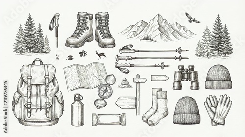 Hand draw hiking and trekking equipment set, boots, backpack, and mountain elements vector illustration