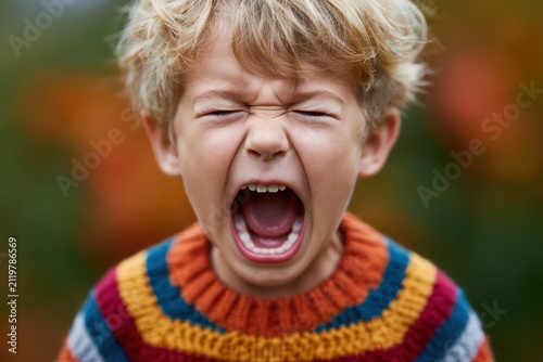 Upset child in striped jumper yelling loudly