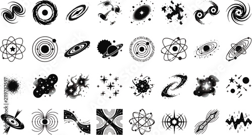 
Galaxy and black hole vector icons set cosmic universe and space phenomena