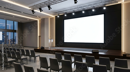 Modern conference hall interior with large blank white screen mockup, stage, and rows of audience chairs