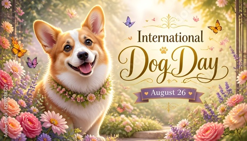 International Dog Day Greeting Banner with Cute Welsh Corgi Dog in Floral Garden