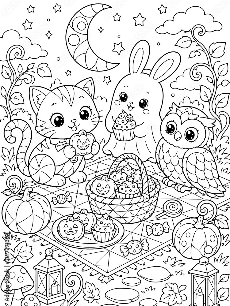 Fototapeta premium Cat rabbit and owl enjoying a cute Halloween picnic