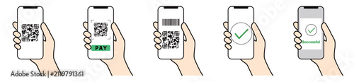 スマホ決済とQRコード読み取り手順のイラストセット