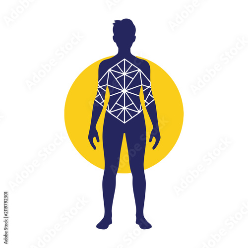 Human body silhouette with white geometric lines on torso