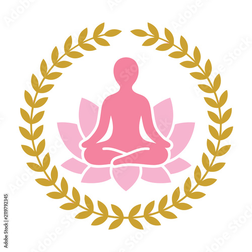 Meditating person in lotus position with laurel wreath