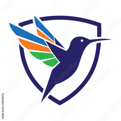 Hummingbird logo with shield and colorful wings