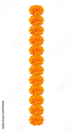 single vertical orange marigold flower garland isolated on white background for diwali navratri wedding decoration festive banners invitations greeting cards and sale campaigns