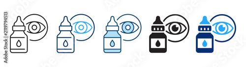 Eye drops icon set showing a bottle with dropper tip next to a human eye symbol, representing eye care and treatment, in five design styles: outline, two-tone, flat color, glyph, and duotone