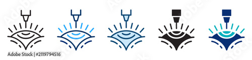 Foto Laser eye surgery icon showing a laser beam directed at the cornea for LASIK vision correction, vector illustration in five styles: outline, two-tone, flat, glyph, duotone