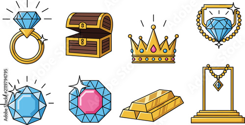 Картината върху платно Treasure Icons Including a Ring, Chest, Crown, Necklace, Gems, and Gold Bars Fea