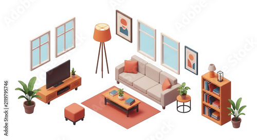 Isometric pixel art living room furniture collection isolated on transparent background
