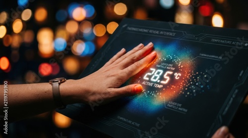 Hand Using Interactive Digital Control Panel With Glowing Interface