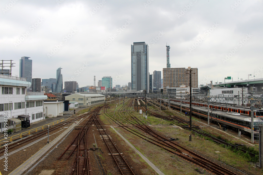 Obraz premium High-angle view of an industrial railway yard in Japan July 2026.