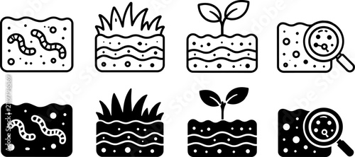 Icon On Soil quality and agriculture icon set, 8 vector symbols of ground layers with worms and plants, earth science and composting line art and solid icons ,Clean grouped each Icon