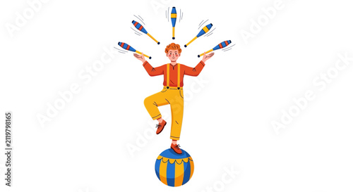 Obraz na plátne Circus performer juggling clubs while balancing on a ball, professional juggler