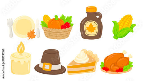 Flat vector set of Thanksgiving dinner icons featuring roasted turkey, pumpkin pie, and harvest.