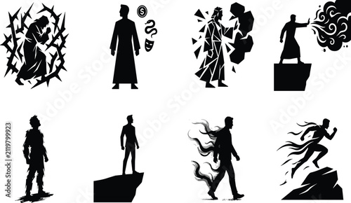 Fotografie Man silhouette icon set showing temptation trials challenges and personal strugg