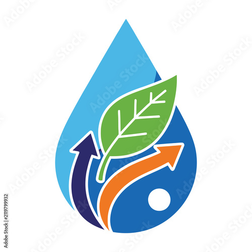 Water drop logo with leaf and arrows