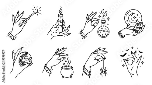 Foto Set of hand drawn mystical hands holding magic items for witchcraft and occult e
