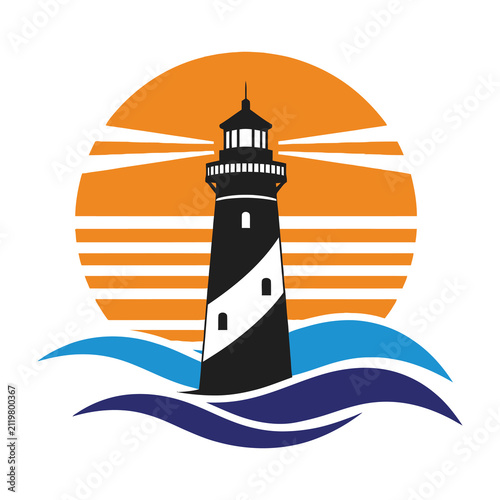 Lighthouse standing tall on ocean waves at sunset