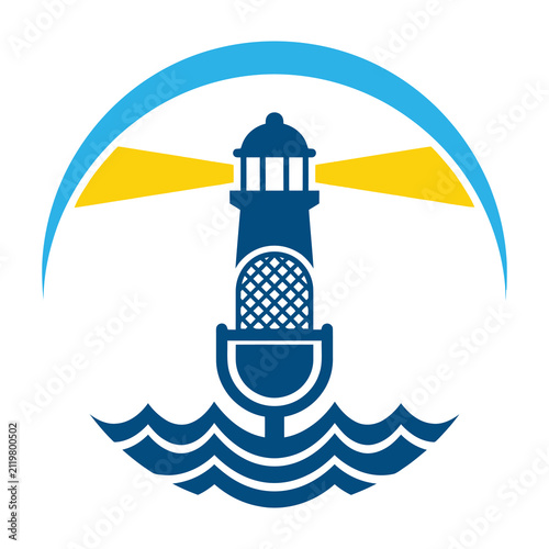 Lighthouse Microphone Logo Icon Concept Combining Maritime Beacon and Podcast Audio Equipment