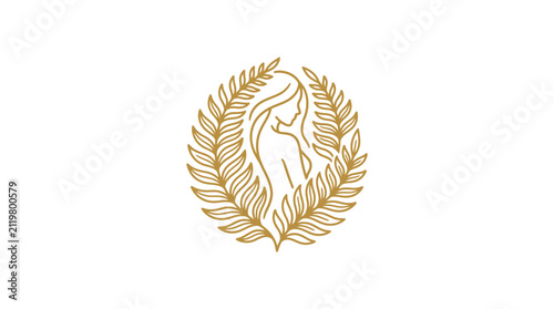 Fotografía Gold line art logo featuring a minimalist woman's silhouette profile encased in a circular laurel wreath leafy frame, elegant feminine symbol for beauty, spa, and wellness branding