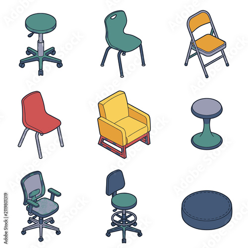 Collection of assorted chairs and stools in isometric view, isolated on white background.