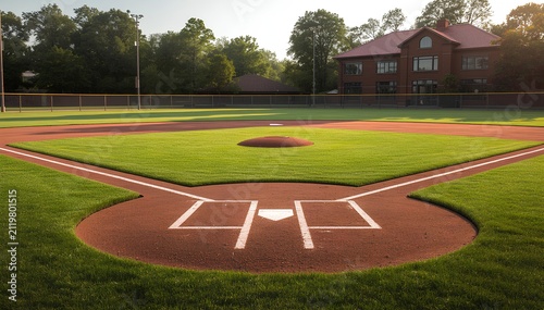 Empty baseball field with home plate, pitcher's mound, and lush green grass in the sun