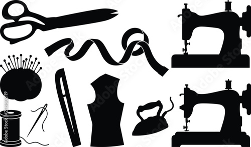 Konstfotografi Tailoring equipment and sewing tools black silhouette vector icon set for dressm